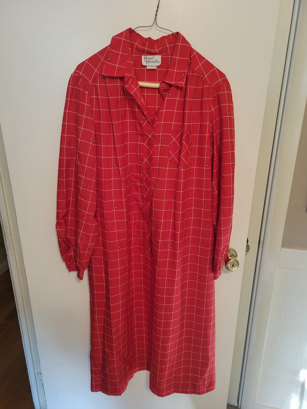 Vintage Red Windowpane Long-Sleeve Shirt Dress
